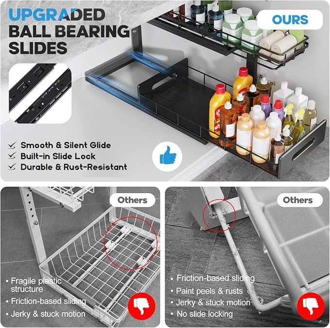 Under Sink Organizer Upgrade To Professional Rails,2-Tier Dual Pull Out Cabinet Storage,Height Adjustable Slide Out Drawers For Bathroom Kitchen,2 Pack-21"Dx12.8"-16.9"H,Black