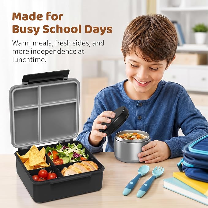 Bento Lunch Box with 8oz Soup Thermo, Kids Leakproof Lunch Food Containers with 4 Compartment, Kids Thermo Insulated Hot Food Jar for School, Trvael (Grey)