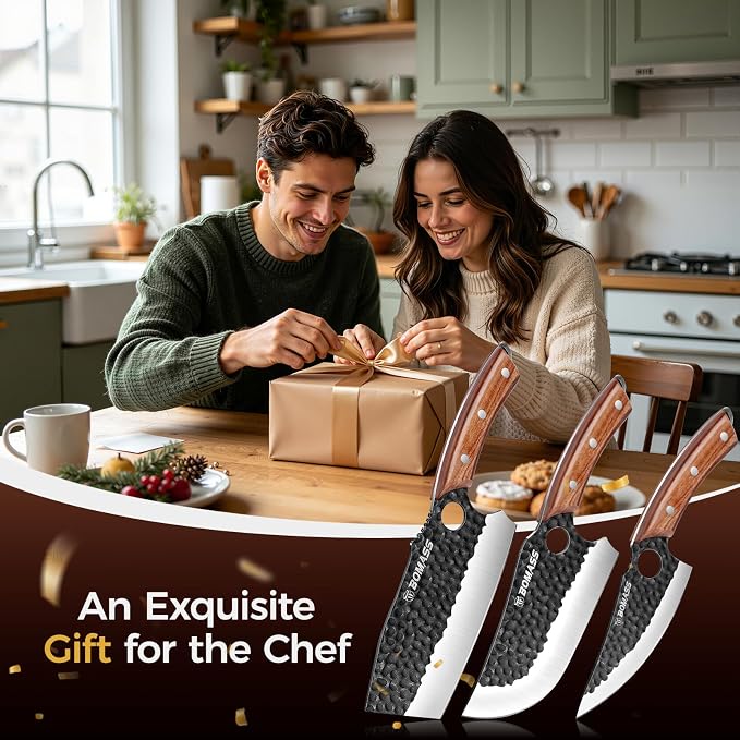 3PCS Butcher Knife Set, Hand Forged Kitchen Chef Knife Set Gift | Meat Cleaver Knife Viking Boning Knife for Home, Outdoor Camping BBQ High Carbon Steel Japanese Knives, Gift for Men Father