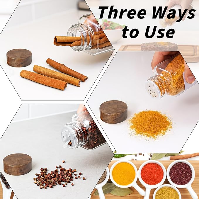 8Oz 8Pcs Glass Spice Jars with Label, Seasoning Containers, Spice Containers with Bamboo Lids & Pen, Empty Spice Bottles for Salt, Herbs, Sugar, Pepper (Acacia Wood Color)