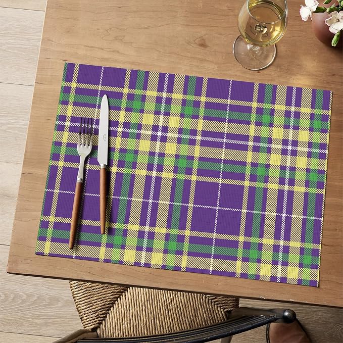 Artoid Mode Purple Striped Check Mardi Gras Vinyl Placemats Set of 4,Heat Resistant Non-Slip Woven Plastic PVC Place Mat for Party Kitchen Dining Decor