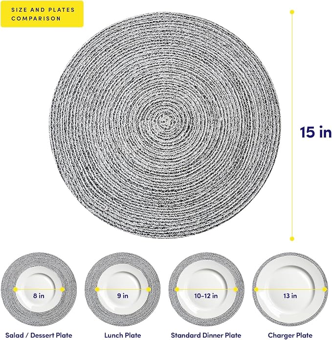 Round Placemats Set of 4-100% Cotton Two-Tone Placemat for Dining Table - Woven Braided Table Setting Place Mat - Washable Table Decor for Kitchen, Farmhouse, Rustic, Everyday Use, Black