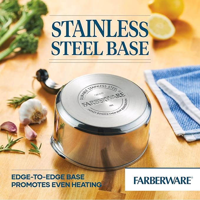 Farberware Classic Series Stainless Steel Straining Sauce Pan with Lid, 1-Quart Small Pot, Silver