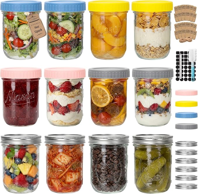 CycleMore 16oz Wide Mouth Mason Jars with Airtight Lids, 12 - Pack Canning Jars with Colorful Lids, Glass Jars for Fermenting, Pickling, Freezing, Preserving, Meal Prep, Jar Décor