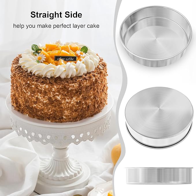9½ Inch Round Cake Pan, 2PCS Stainless Steel Cake Pans &100 Parchment Paper | Nonstick Circle Round Cake Pans Tins for Birthday Baking Layer Cake, Healthy & Non-Toxic, Silicone Spatula & Dishwasher Safe