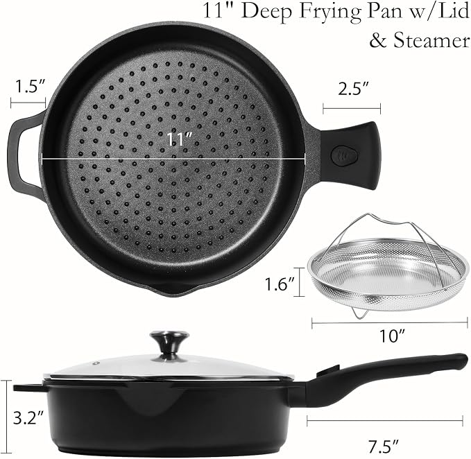 ESLITE LIFE Nonstick Always Pan with Lid, 11 Inch(4.5 Qt) Deep Frying Skillet Sauté Pan, Safe for Oven, Induction & All Cooktops, PTFE & PFOA Free (Black Granite, 11" w/Lid & Steamer)