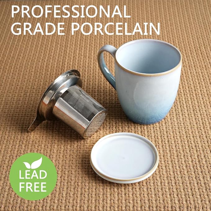 Bosmarlin Ceramic Tea Cup with Infuser and Lid, 16 Oz, 3 Colors to Choose, Dishwasher and Microwave Safe, Reactive Glaze, Steeping Tea Mug with Strainer (16 Oz, Blue)