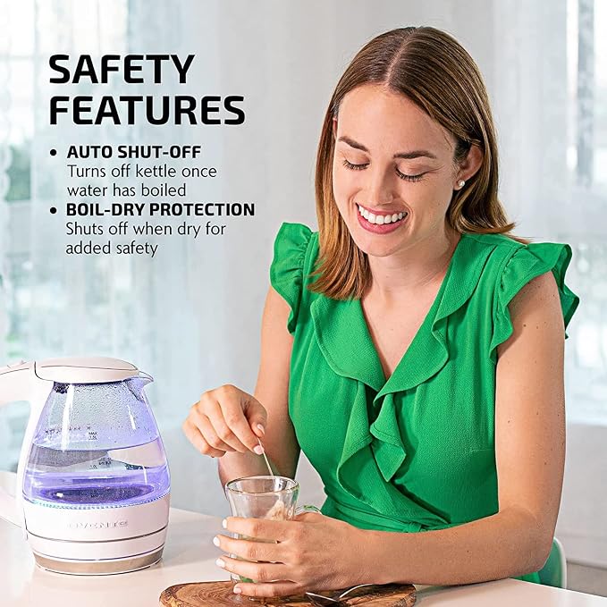 OVENTE Electric Kettle,1.5L Borosilicate Glass Countertop Water Heater & Boiler for Coffee or Tea,BPA-Free,Auto Shut-Off,Boil-Dry Protection,Removable & Washable Spout Filter,White KG83W,(Pack of 8)