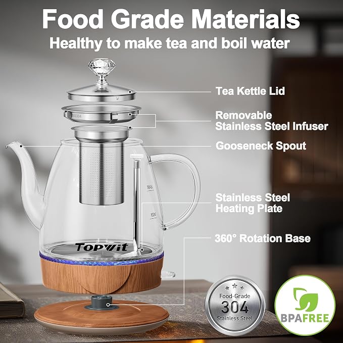 Topwit 1L Glass Electric Kettle, Gooseneck Electric Tea Kettle, BPA-free | Removable Stainless Steel Tea Infuser, Auto-Shut Off, Boil-Dry Protection, Dual-Purpose For Hot Water, Tea & Coffee, Wood