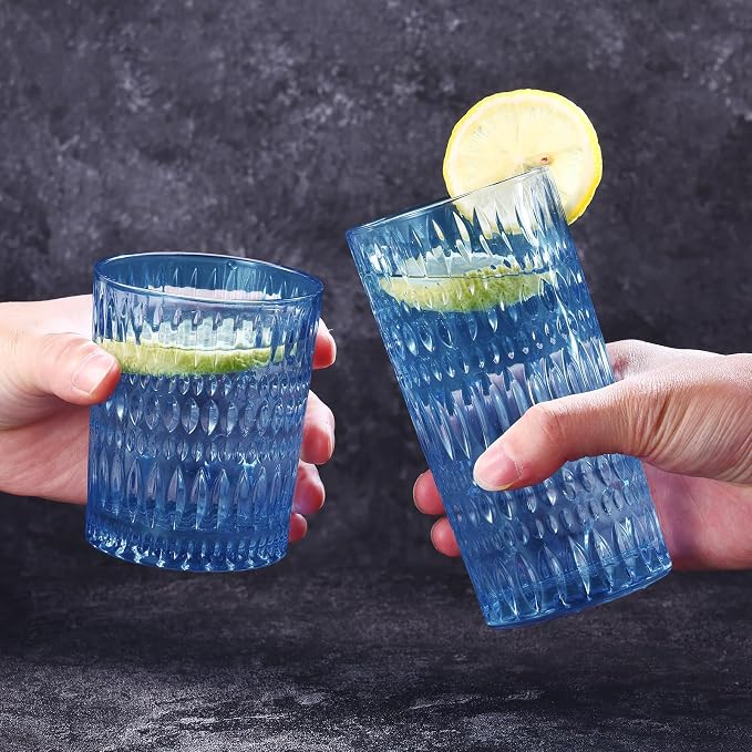 Loivttvv Glassware Drinking Glasses Set of 8, 14 oz Highball Glasses & 10 oz Ribbed Glass Cups, Vintage Glassware for Water, Juice, Cocktail, Whiskey (Blue)