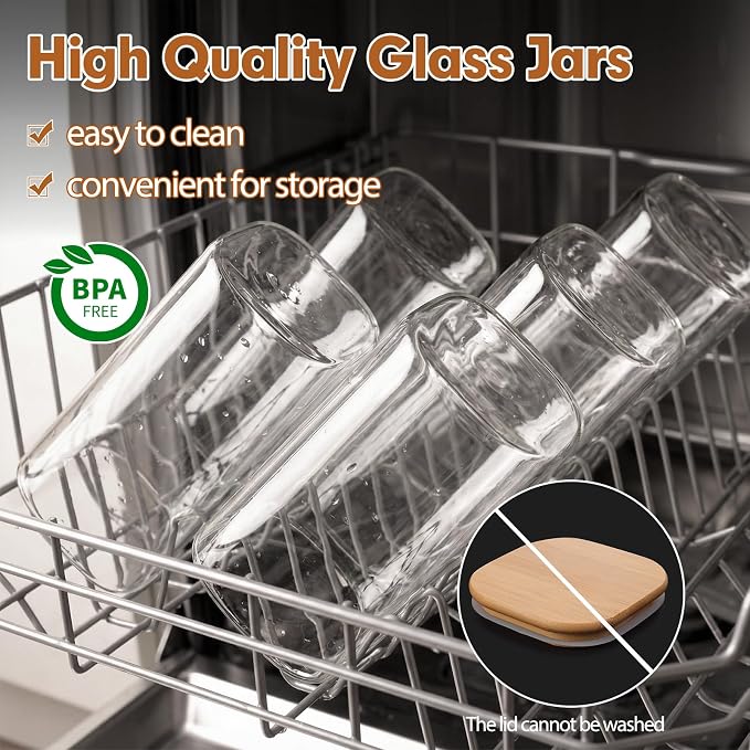 Moretoes 6pcs Glass Food Storage Containers with Lids, 1.2qt Glass Jars | Square Glass Storage Containers with Bamboo Press Lids, Airtight Pantry Storage Jars for Flour, Sugar, Dry Goods