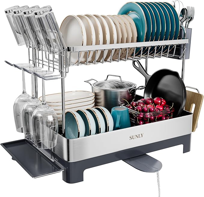 Large Dish Drying Rack, Multipurpose 2 Tier Dish Racks for Kitchen Counter, 304 Stainless, Extra Large Drain Board, Gray