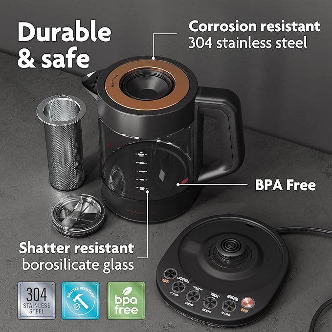 Viante Alba Electric Tea Kettle With Infuser, No Plastic, 1.5L, Black | Borosilicate glass & 304 stainless steel construction. 4 temp presets, keep-warm, cordless, auto shut-off