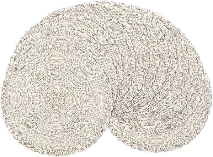 SHACOS 15 inch Round Braided Placemats Set of 12 for Dining Table Woven Boho Place Mats Kitchen Placemat Washable Table Mats, Ivory Bordered