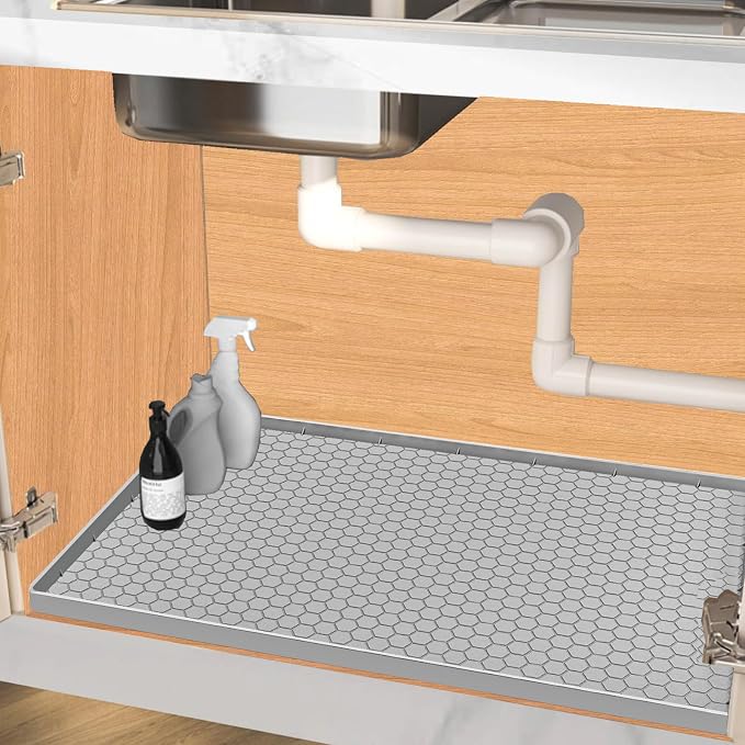 Under Sink Mat 28 x 19 for Kitchen Waterproof, Silicone Under Sink Liner, Bathroom Kitchen Cabinet Protector Mat, Easy to Clean Cabinet Mat Organizers and Storage, Light Grey