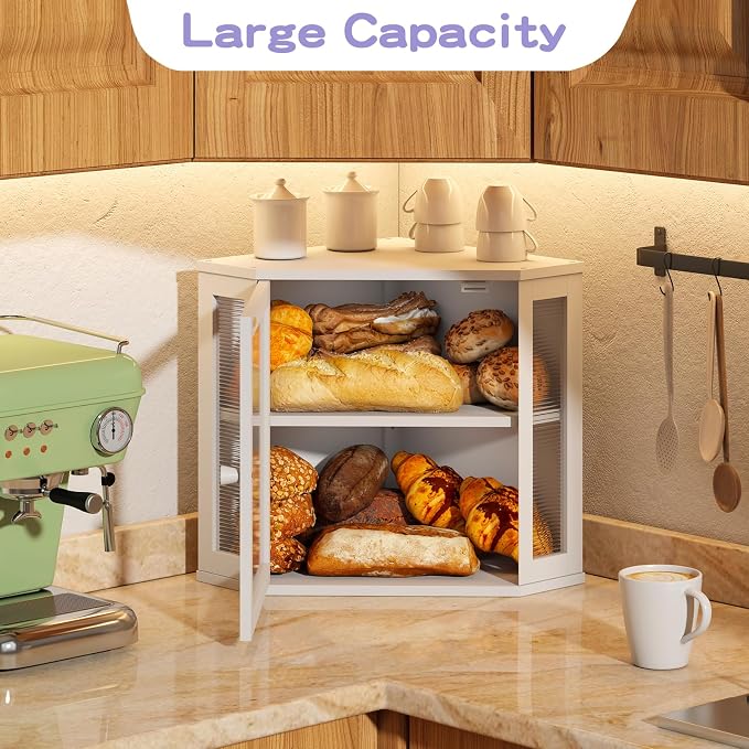 Corner Bread box for Kitchen Countertop,Farmhouse Bread Box with Acrylic Wavy Door Panel,Large Bread box for kitchen countertop,Kitchen Countertop Food Storage Container (White, Meduim)