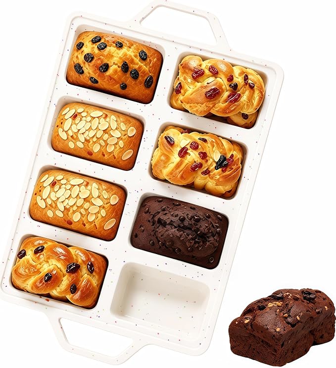 Vinino Mini Silicone Loaf Pans with Metal Reinforced Frame, 8-Cavity, Cream | Non-Stick Easy Release Heat Resistant Bakeware, Reusable Small Mini Banana Bread & Cake Baking Pans for Daily Baking
