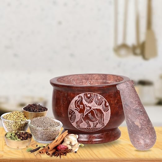 Mortar and Pestle, Made of Heavy Duty Polished Hard Stone, Natural Stone Grinder for Spices, Pastes, Herbs, Seasoning etc. (Brown Elephant)