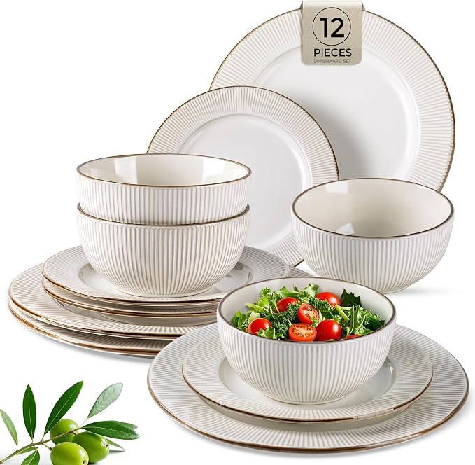 GBHOME Ceramic Dinnerware Sets,12 pcs Embossed Elegant Stoneware Plates and Bowls Sets, Housewarming Wedding Gift | Dishwasher & Microwave Safe | Dishes Set Service for 4 | Embossed Elegant Stoneware Dishes Set | Dishwasher & Microwave Safe | Service f...
