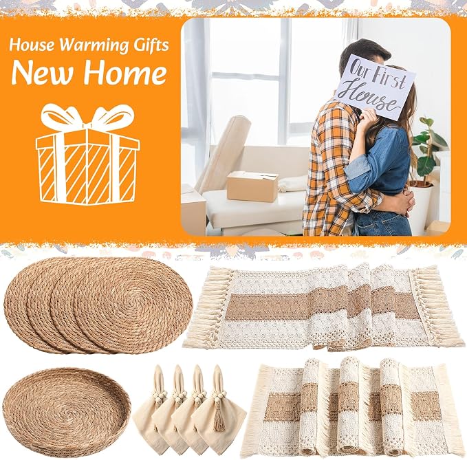 4 Sets Boho Decoration Placemats Round Woven Placemats, Cloth Napkins, Wood Bead Napkin Rings, Long Table Runner and Farmhouse Burlap Cotton for Table Kitchen (Khaki,12x72)