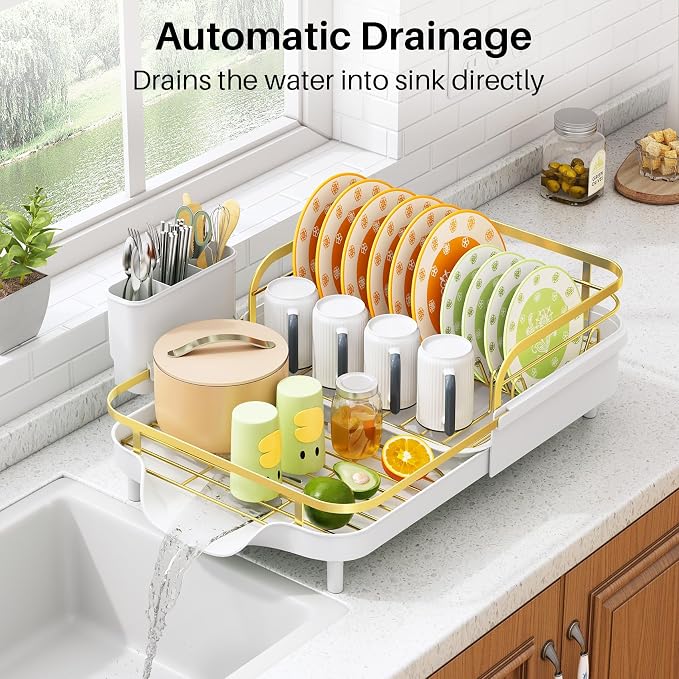 SAYZH Expandable Dish Drying Rack for Small Kitchen Counter, Gold | Stainless Steel, Protective Guardrail, Angled Drainboard, Fits High-Rim Sinks, Removable Utensil Holder