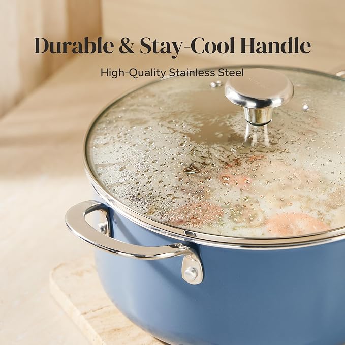 Redchef Ceramic Stock Pot, Induction Cooking Pot with Glass Lid for Soup, 5Qt Stockpot Nonstick Soup Pot, Even Heating, Stay-Cool Handles,Fits All Stoves, Oven/Dishwasher Safe, PFAS Free (Blue)