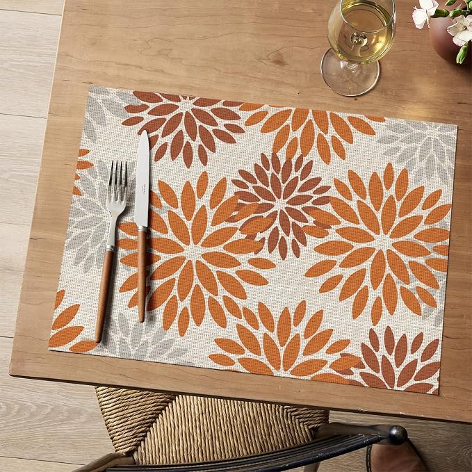 Artoid Mode Floral Vinyl Placemats Set of 6, Heat Resistant Washable Non-Slip Plistic PVC Place Mats for Fall Thanksgiving Party Kitchen Dining Decor, Orange