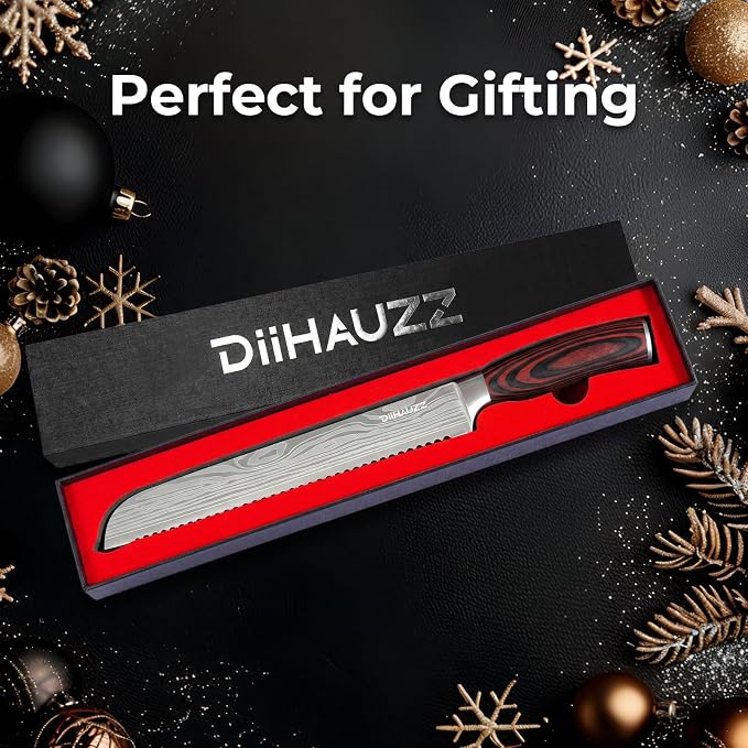 DiiHAUZZ 10 Inch Bread Knife, Serrated Knife for Homemade Bread Sourdough | High Carbon Stainless Steel, Razor Sharp Edge, Ergonomic Pakkawood Handle, for Cutting and Slicing Bagel Cake, Gift Box