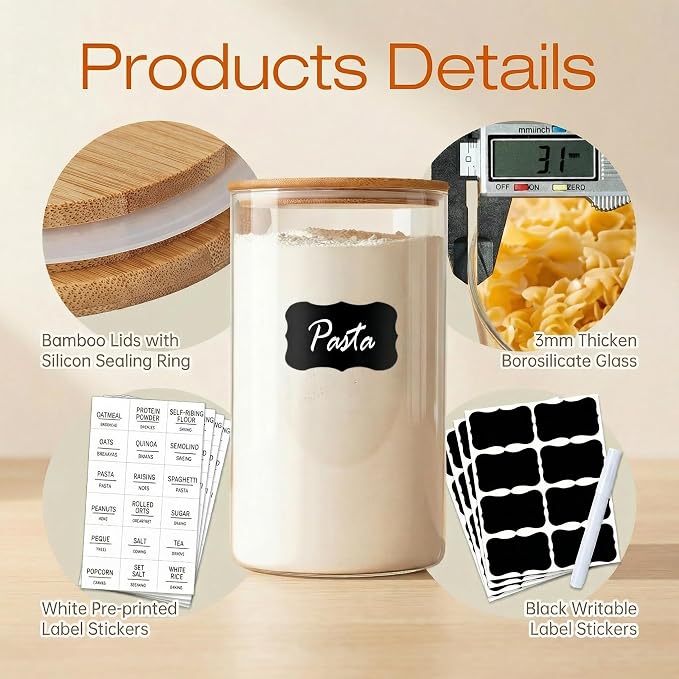 HomArtist Glass Jars with Bamboo Lids [Muti Size Set of 5], Glass Canisters with Airtight Lids, Glass Food Storage Containers for Pasta, Oats, Coffee, Flour, Sugar, Rice, Best for Kitchen & Pantry | 79oz/53oz/27oz Airtight Jars for Pantry & Kitchen, Du...
