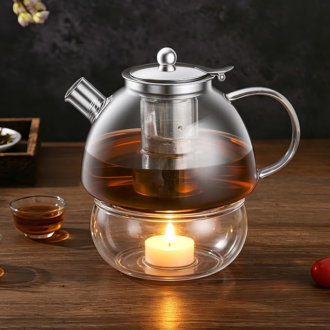 Ehugos Glass Teapot with Removable Infuser, 1300ml/44 oz Stovetop Safe Hand Crafted Clear tea kettle for Loose Leaf Tea, Hot/Iced Water, Juice Beverage