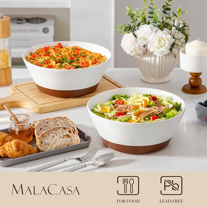 MALACASA Serving Bowls, 105oz Large Salad Bowls for Party, Entertaining | Big Ceramic Bowls for Soup, Fruit and Pho, 2-Pc Wide Bowl Set, Microwave & Dishwasher Safe, White & Brown, Series TARA