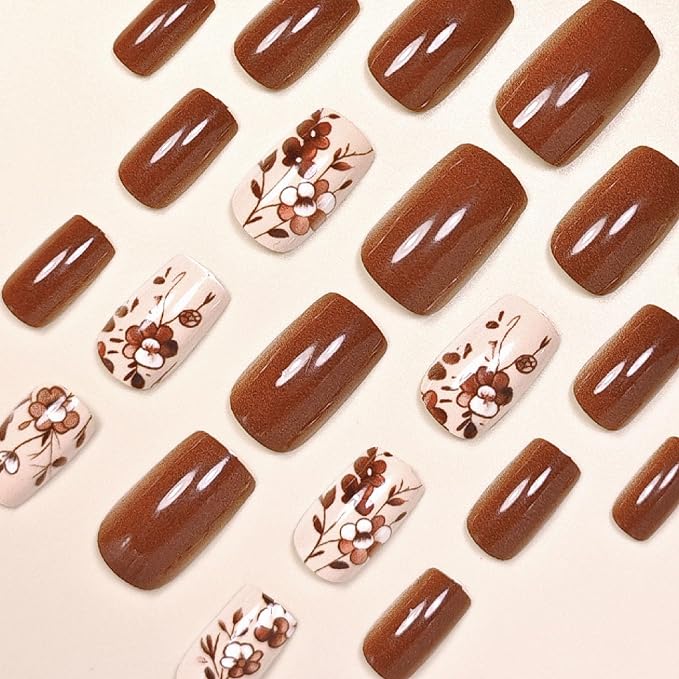 Fall Press on Nails Medium Square Fake Nails with Flower Full Cover Designs Nails Press ons Brown Glue on Nails Glossy Stick on Nails for Women 24 Pcs