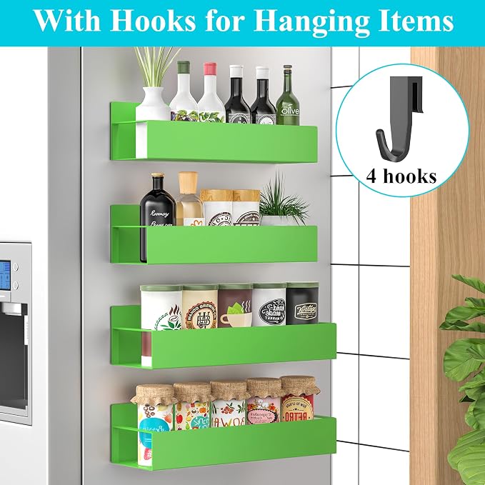 Metal Magnetic Spice Rack for Refrigerator Green, 4 Pack | Magnetic Shelves Heavy Duty for Fridge in Kitchen, Seasoning Storage Organizer, For Oven Washer and Dryer, For Heavier Items