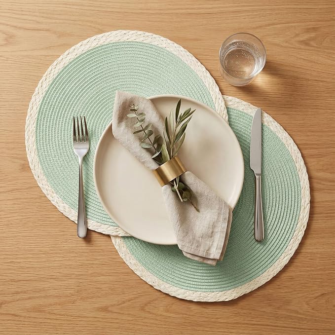 Round Placemats Set of 6, Woven Table Mats, Mint Green | Braided Paper Edge, 15 Inch Diameter, Fits Dinner Plate and Flatware, Wipeable, Heat Resistant, Indoor Dining, Outdoor Patio