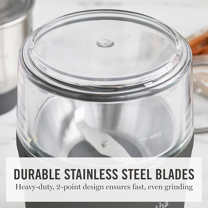 Martha Stewart Electric Coffee & Spice Grinder with Dual Bowls, Caviar Gray | Dual 2.5oz Removable Bowls for Coffee Beans, Nuts, Herbs & Spices, Stainless Steel Blade, One-Touch Pulse Control, Easy Clean