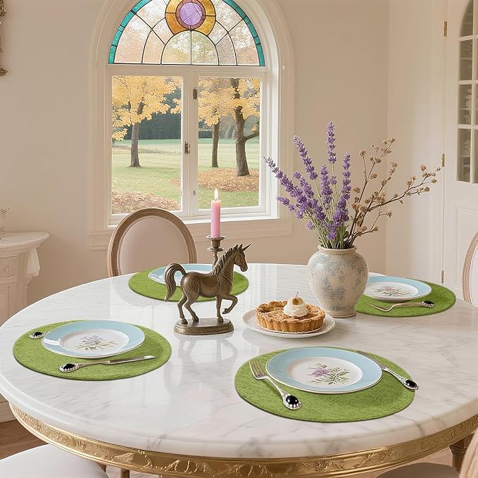 Cotton Linen 15 Inch Round Cloth Place mats, Set of 12, Grass Green | Washable Table Mats, Heat Resistant, Reversible, Wipeable Place Mats for Indoor Outdoor