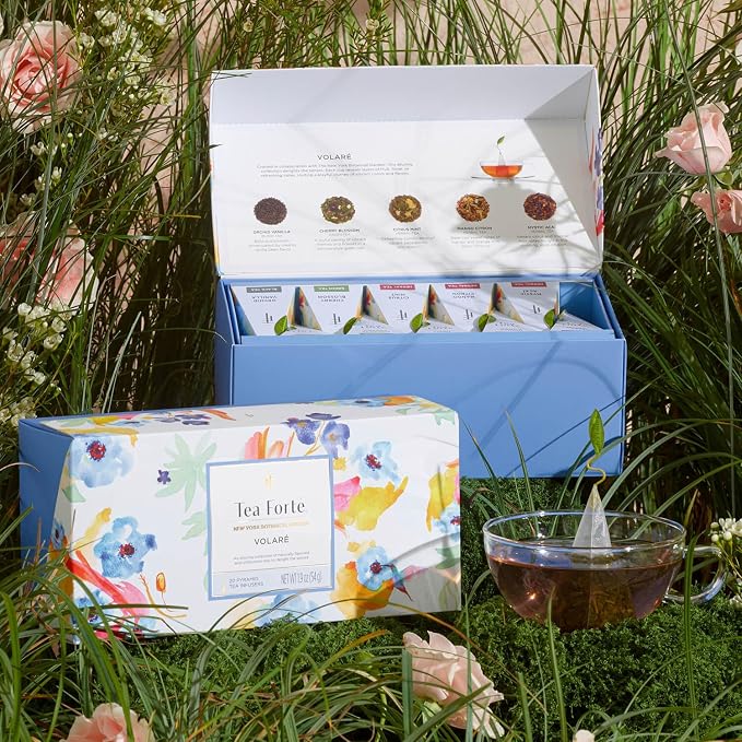 Tea Forte Tea Sampler, 20 Pyramid Infuser Bags, Premium Tea Gift Set | Volare Tea Presentation Box, 4 of Each Blend, Individually Wrapped, Giftable Presentation Box for Tea Lovers
