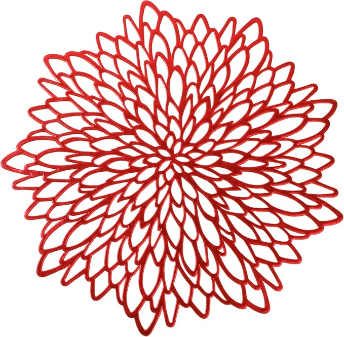 Snowkingdom 12 Pack Red Placemats Metallic Shiny Pressed Vinyl Dining Mats Round Leaf Floral Table Decoration for Halloween Mother's Day Christmas Valentine's Day Weddings Holiday Celebrations
