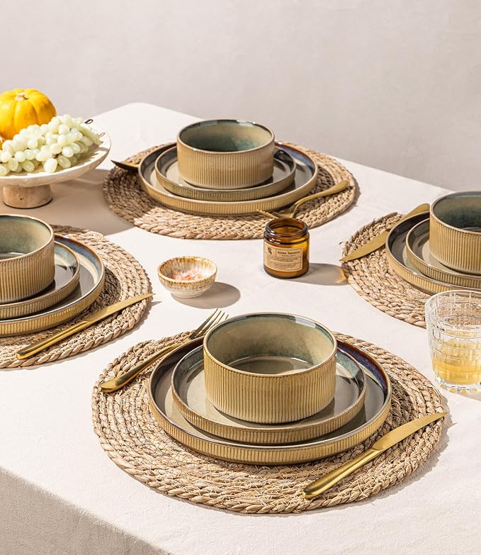 GBHOME Stoneware Dinnerware Sets for 4, 12 Pieces Plates and Bowls Set | Lightweight Ceramic Ribbed Dishes, Reactive Glaze Stackable Plate Set, Scratch Resistant, Microwave & Dishwasher Safe, Khaki