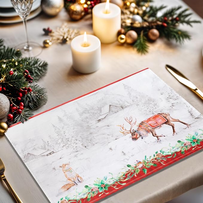 Maison d' Hermine Placemats Set of 4 Reusable 100% Cotton (13"x19") | Cloth Place Mats Washable Table Mats for Kitchen Dining Party Wedding Hotel Home Thanksgiving Christmas - Christmas Tradition