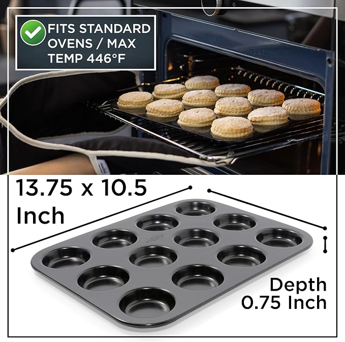 Wrenbury Pro 12 Cup Mince Pie Tin – Carbon Steel Mincemeat Baking Tray | Non Stick Shallow Muffin Pan for Patty Cakes and Jam Tarts