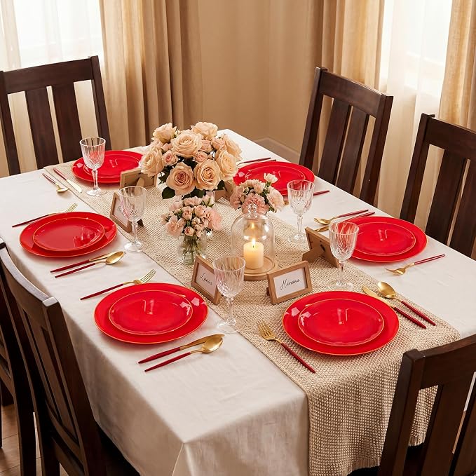 DaYammi 150Pcs Red Plastic Plates with Gold Rim,Fancy Disposable Dinnerware Set with Red Handle Gold Cutlery, Includes 30 Dinner Plate,30 Dessert Plate,30 Knives,30 Forks,30 Spoons for Party Wedding
