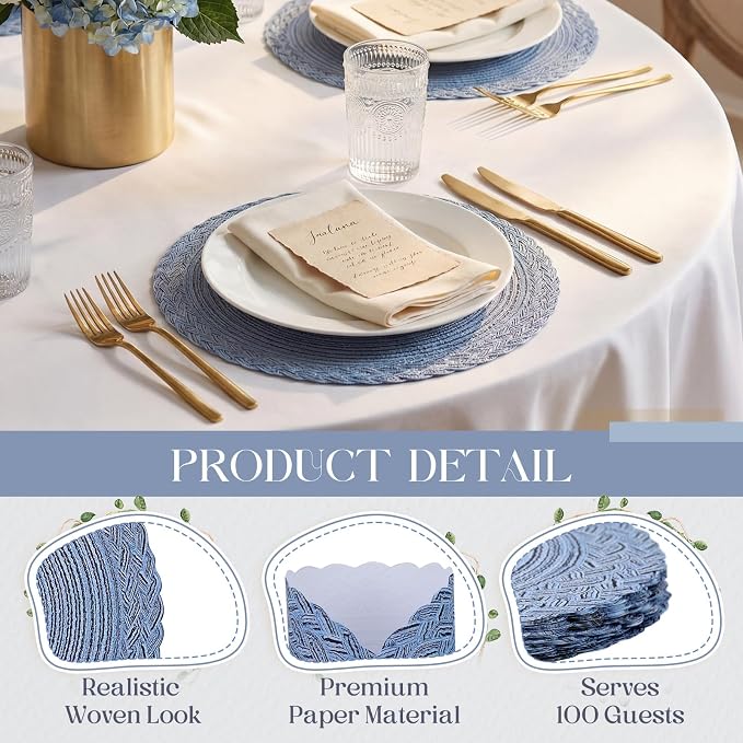 Geosar 100 Pcs Disposable Paper Placemats Cotton Woven Look 13'' Boho Round Placemats with Wavy Edge Rustic Table Pads Bulk for Dining Table Decoration Birthday Wedding Bridal Party (Navy Blue)