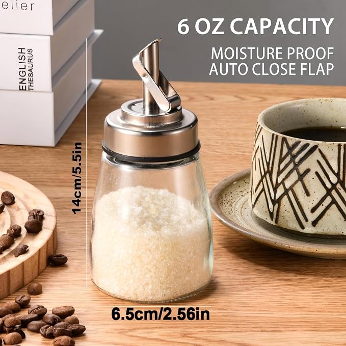 Glass Sugar Jar, Sugar Container Sugar Dispenser with Pour Spout, 6oz Glass Jar with Stainless Steel Lid, Multi-Use Sugar Bowl Sugar Shaker Sugar Container for Coffee Bar