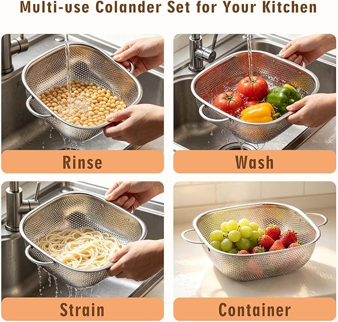 P&P CHEF Stainless Steel Colander Set, Strainers and Colanders for Kitchen | 3 Pcs Square Metal Colander Set, For Washing Draining Rinsing Spaghetti Fruit Food, Dishwasher Safe & Healthy, 2.4 / 4 / 6 Qt