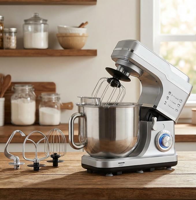 GarveeLife 7.5QT Stand Mixer, 10-Speed Tilt-Head Electric Food Mixer with Stainless Steel Bowl, 660W Motor, Dough Hook, Whisk & Beater, Compact Design for Home Baking,Silver