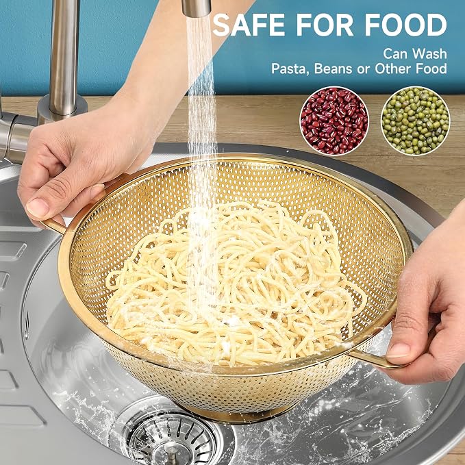 Gold Strainer for Kitchen, 5QT, Stainless Steel Colander with Handle for Fruits Vegetables Cooking Food, Dishwasher Safe