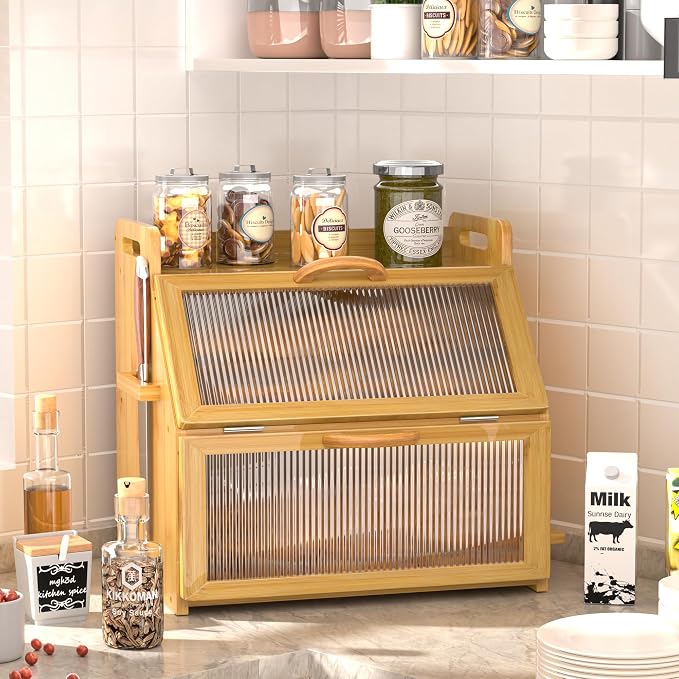Bread Box for Kitchen Countertop, Large Bread Storage Container for Homemade Bread, Wooden Farmhouse Breadbox Organizers, Double Layer Bread Bin with Acrylic Window Bread Holder, Brown