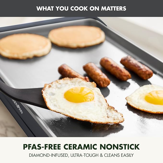 GreenPan Advanced 10.5”x 20” Electric Griddle with Warming Drawer, Healthy Ceramic Nonstick PFAS-Free Coating, Temperature Control, Easy and Versatile Countertop Meals, Dishwasher Safe, Graphite