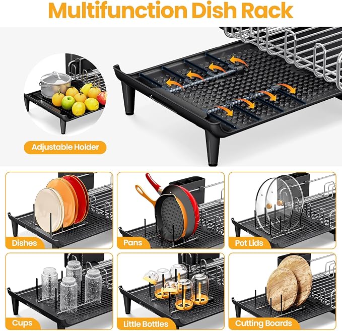 TOOLF Expandable Dish Drying Rack for Kitchen Counter, Black | Collapsible 16.7"-26.8", Stainless Steel Dish Dryer Rack Drainer for RV, Apartment, with Cutlery Holder, Fits for 3-4 People